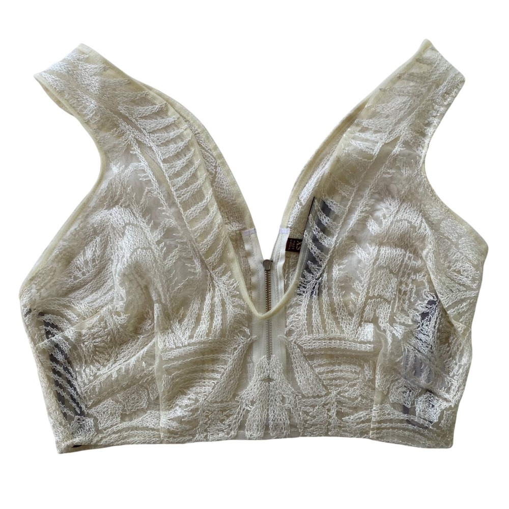 Chinyere Sheer Crop Top Womens XS Cream Embroidered Festival Chic Coquette Fairy